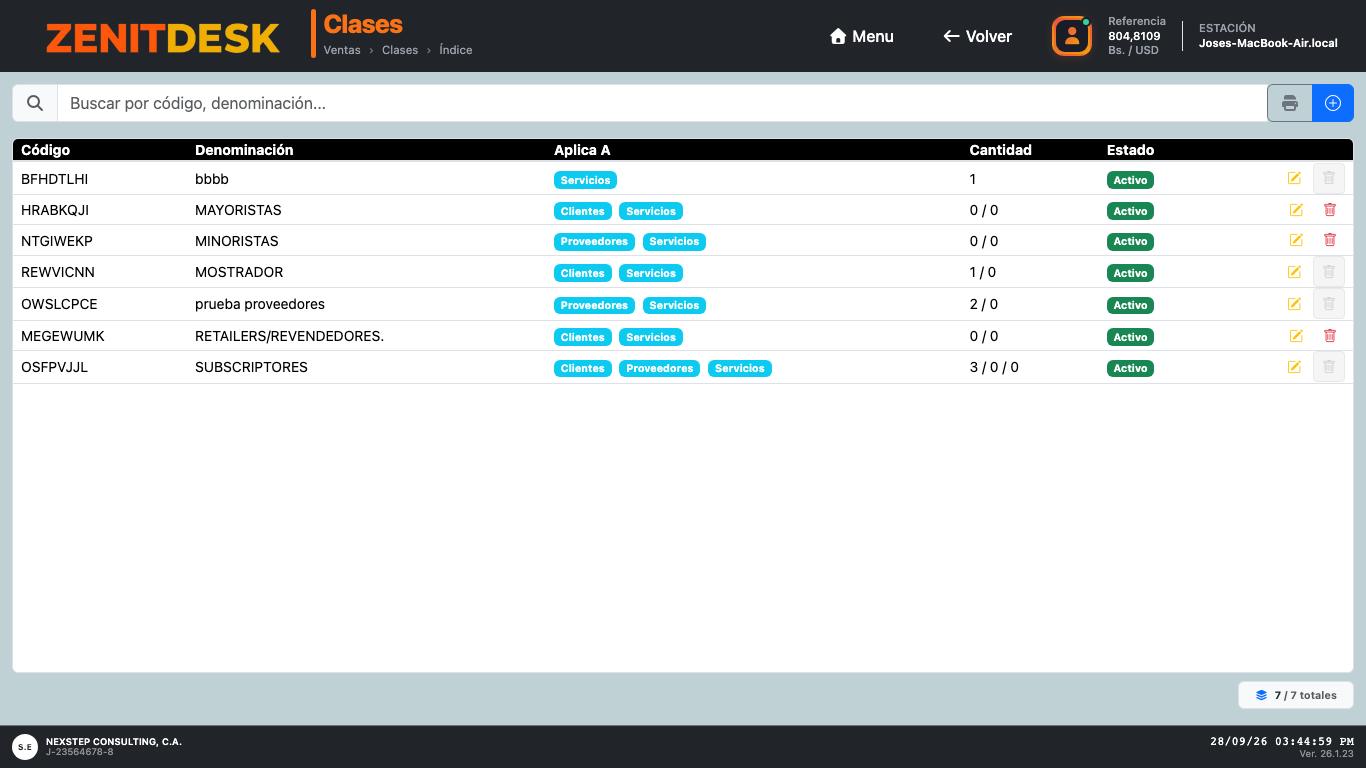 Clases, Departamentos, Colores y Tallas